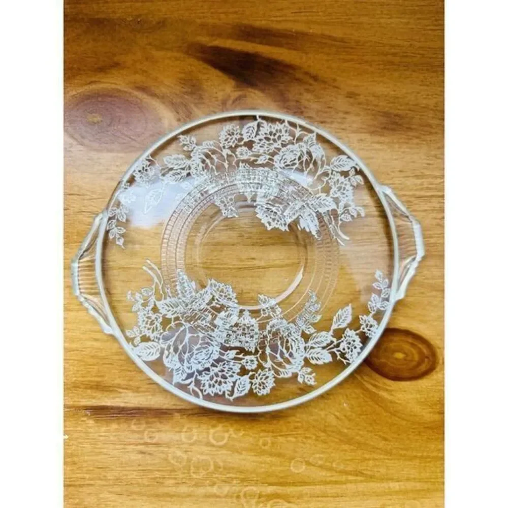 Vintage Floral‎ Leaf Silver Overlay Glass Plate W/Handles Silver Trim 8
